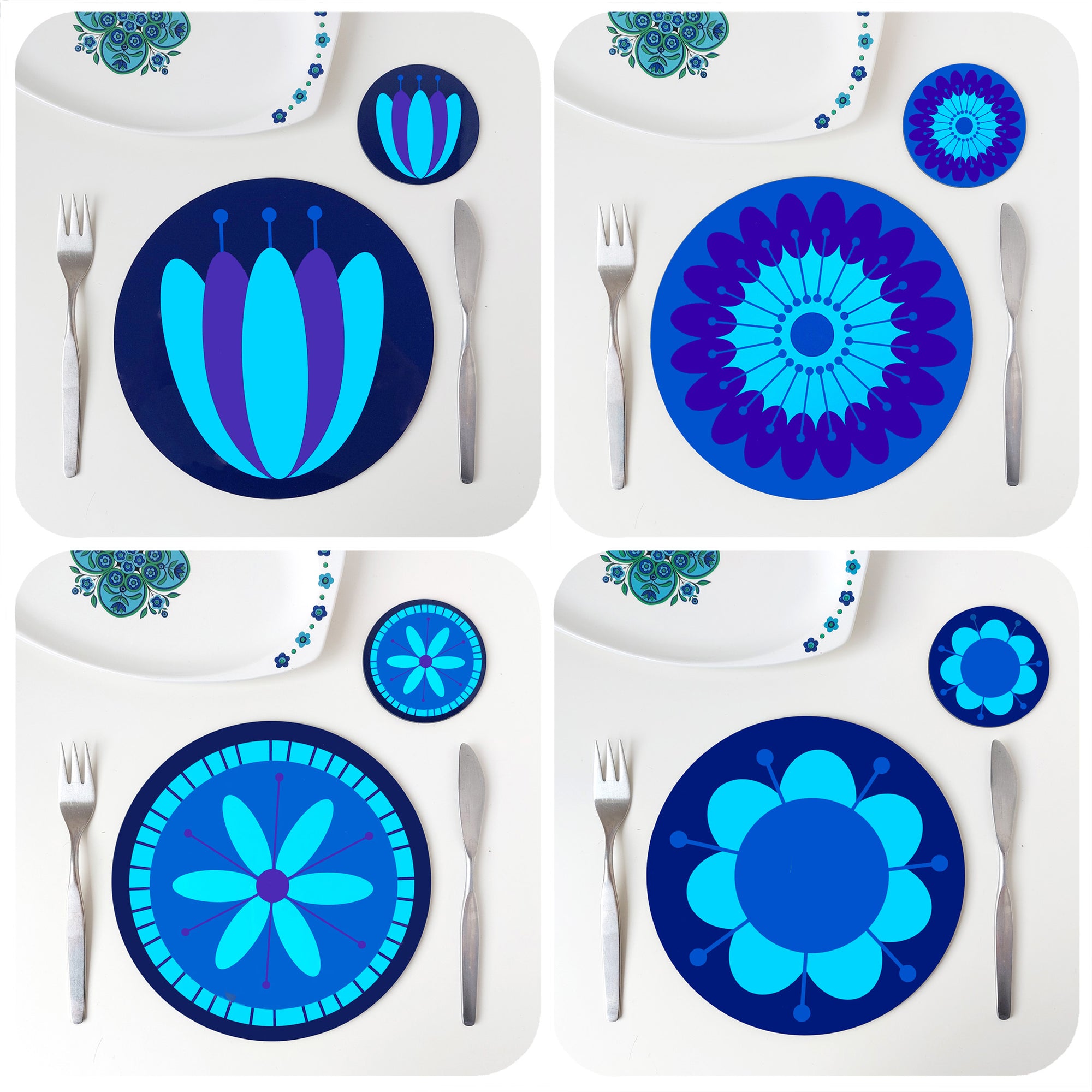A photo montage of four round retro floral placemats set on a white table with matching coasters | The Inkabilly Emporium