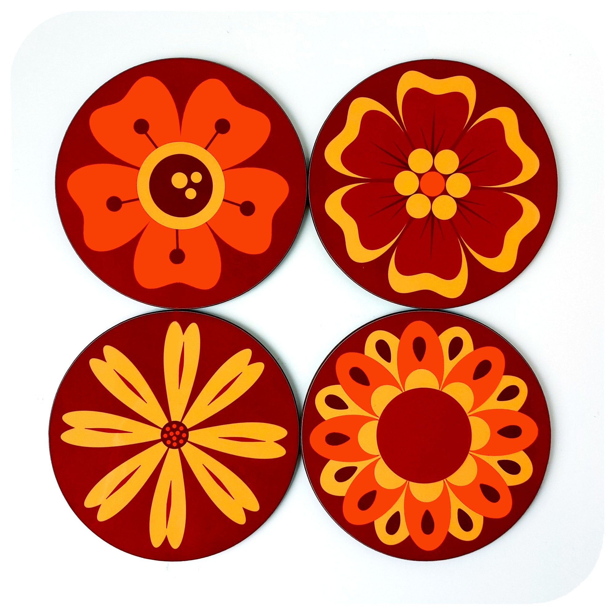 A set of four 70s style floral coasters on a white background | The Inkabilly Emporium
