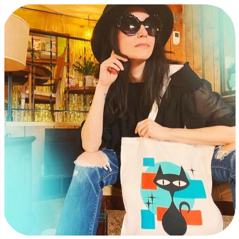 Atomic Cat Tote Bag modelled by customer  - customer photo | The Inkabilly Emporium