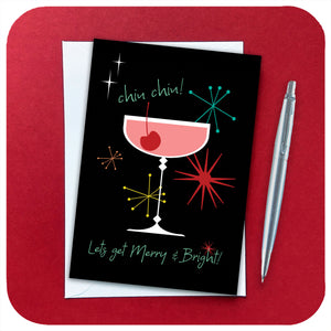 Chin chin! Let's Get Merry & Bright!Mid century style Christmas card with white envelope and silver pen on a red background | The Inkabilly Emporium