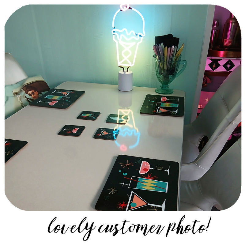 Retro Cocktail Coasters & placemats on a table with a decorative  neon lamp | The Inkabilly Emporium
