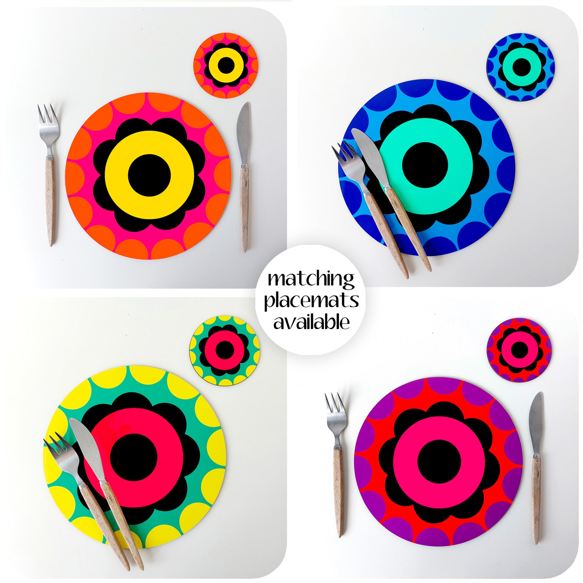 A photo montage of Inkabilly's 60s flower power placemats. Four different coloured round placemats with matching coasters on white backgrounds. Text in the middle reads: matching placemats available.