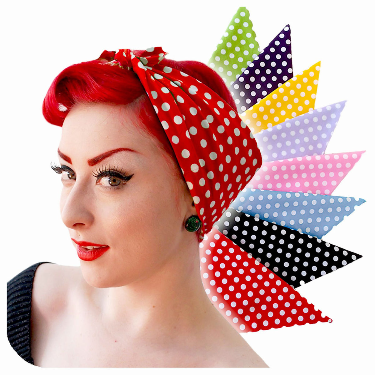 A retro pin-up  model wears a Red and White Polka Dot Bandana in a Rosie the Riveter style, behind her is a fan of different coloured bandanas  | The Inkabilly Emporium