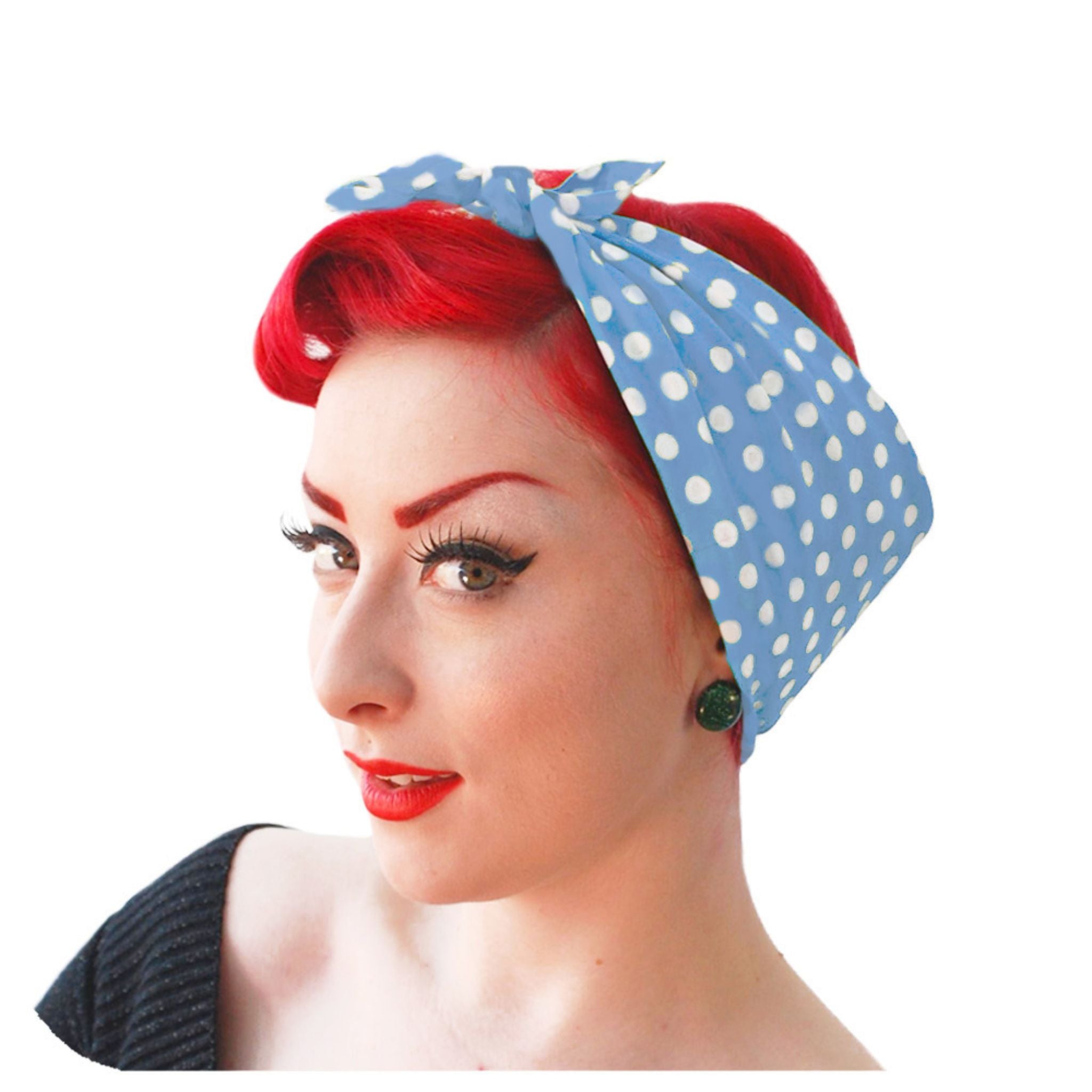 A retro pin-up style model  with red hair wears a Pale Blue Polka Dot Bandana in a 1940s / 1950s style | The Inkabilly Emporium