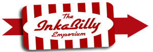 The Inkabilly Emporium for retro homewares and accessories logo is a red and white striped rectangle sitting on a red arrow pointing to the right