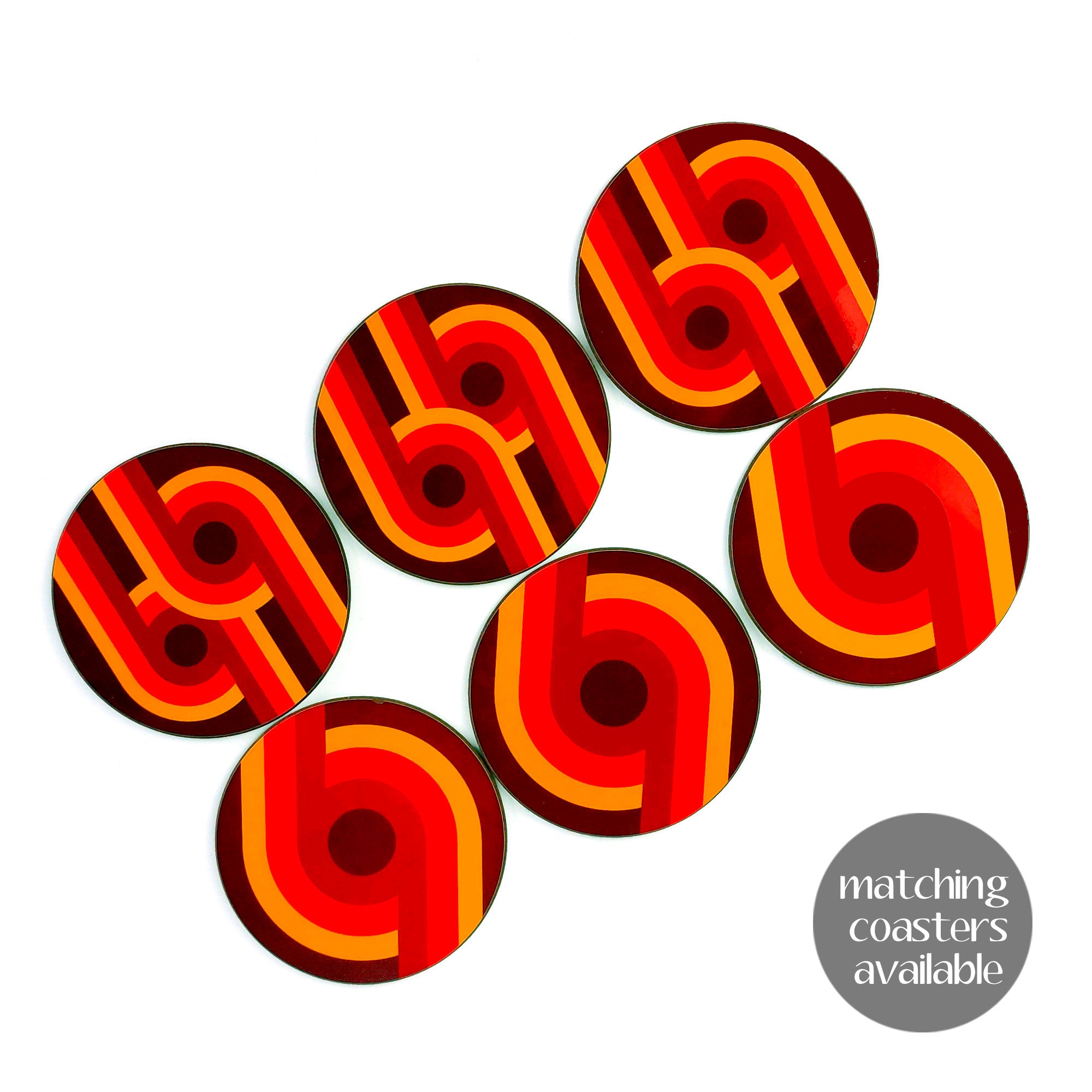 A set of 6 70s graphic style coasters lie in two lines on a white background. Text in the corner reads "matching coasters available | The Inkabilly Emporium