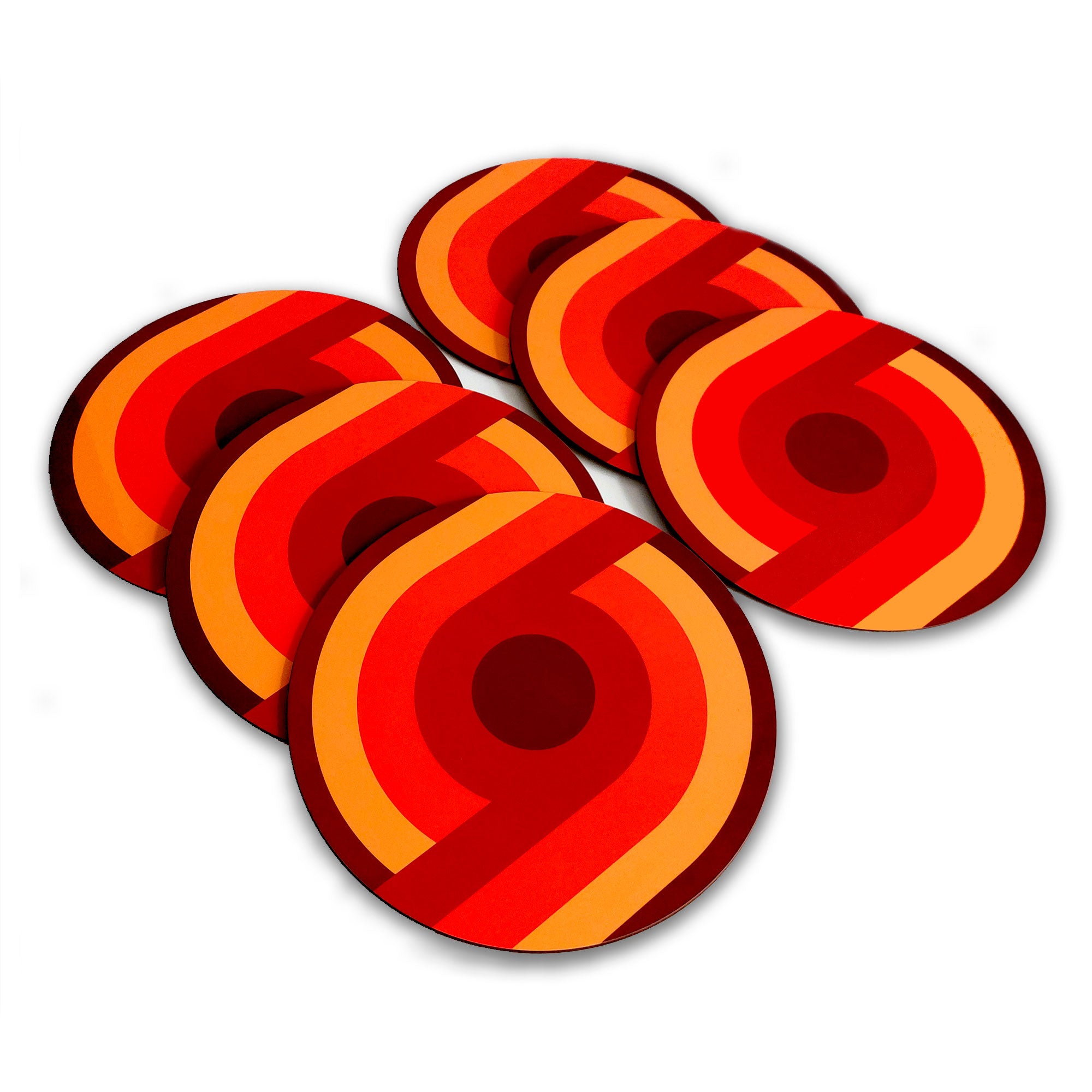 Set of six 70s style round placemats lie in two rows of three, overlapping on a white background | The Inkabilly Emporium