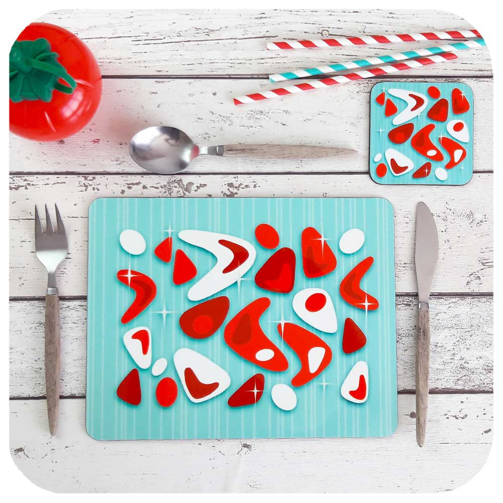 Atomic Boomerang Placemat & Coaster Set in Aqua & Red | The Inkabilly Emporium