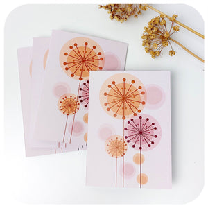 Retro Alliums Blank Greetings Cards - Pack of four, on table with dried alliums | The Inkabilly Emporium