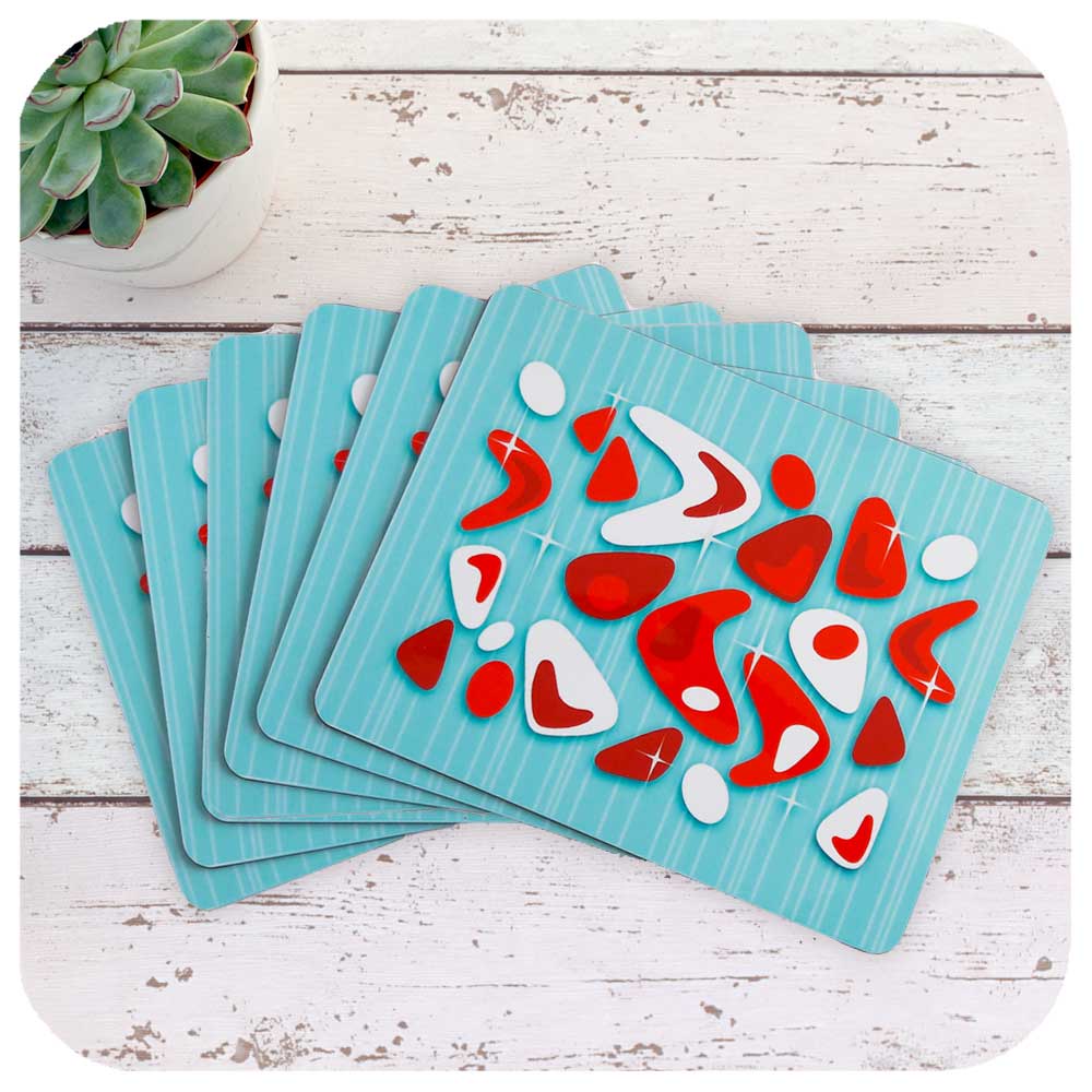 Atomic Boomerang Place Mats in Red & Turquoise, set of 6 | The Inkabilly Emporium