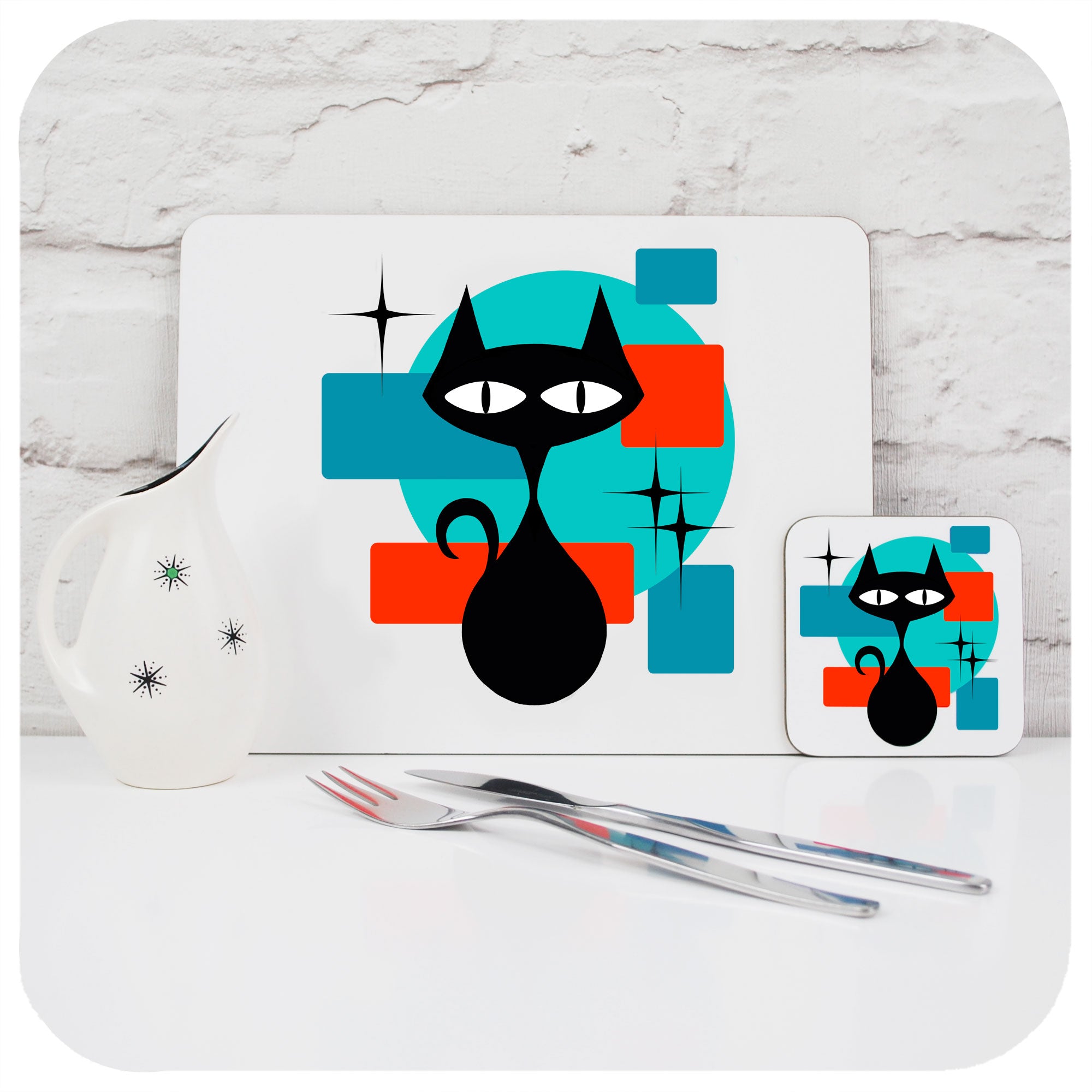 Atomic Cat Placemat and Coaster with vintage cutlery and jug | The Inkabilly Emporium