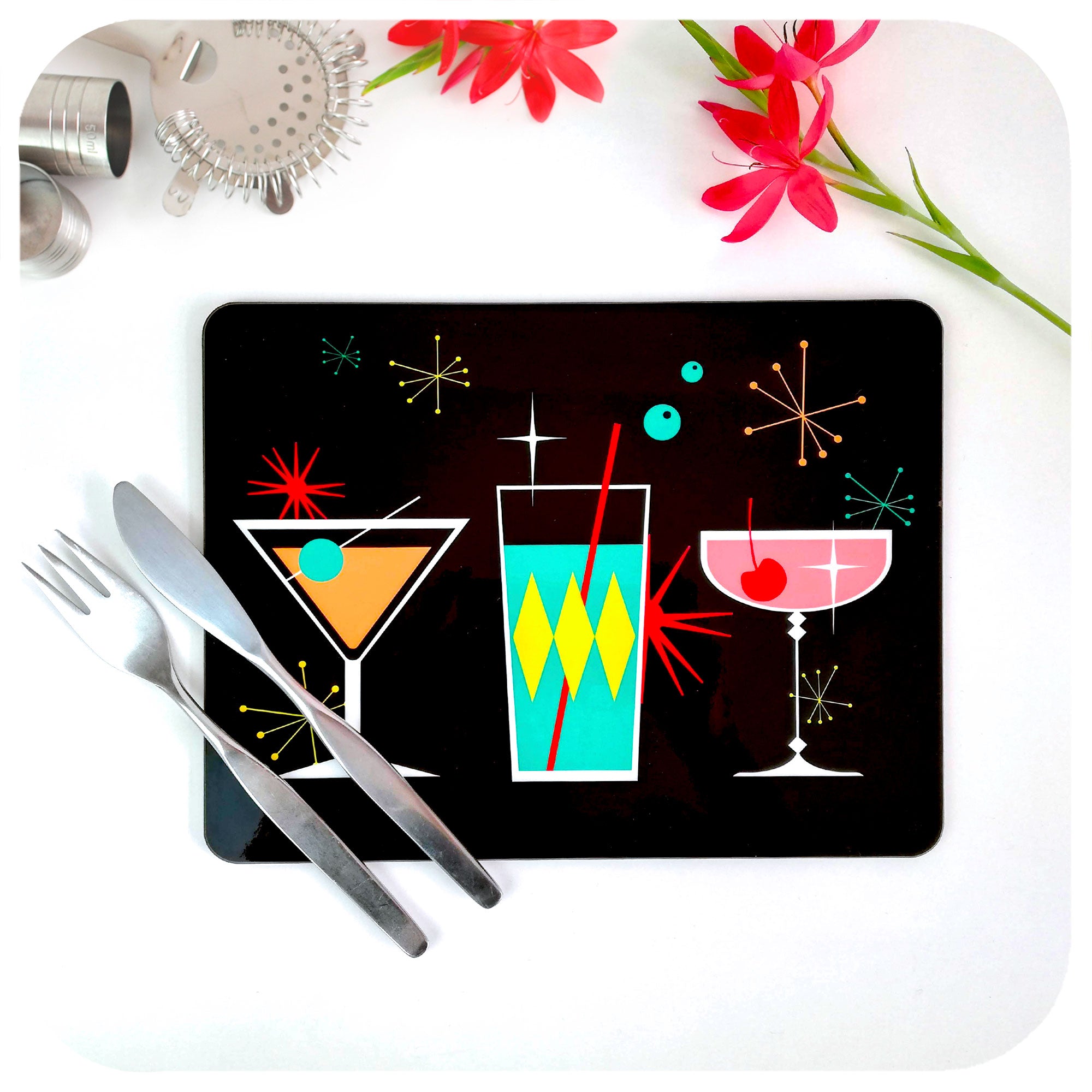 Cosmic Cocktails Placemat on table with vintage cutlery and cocktail accessories | The Inkabilly Emporium