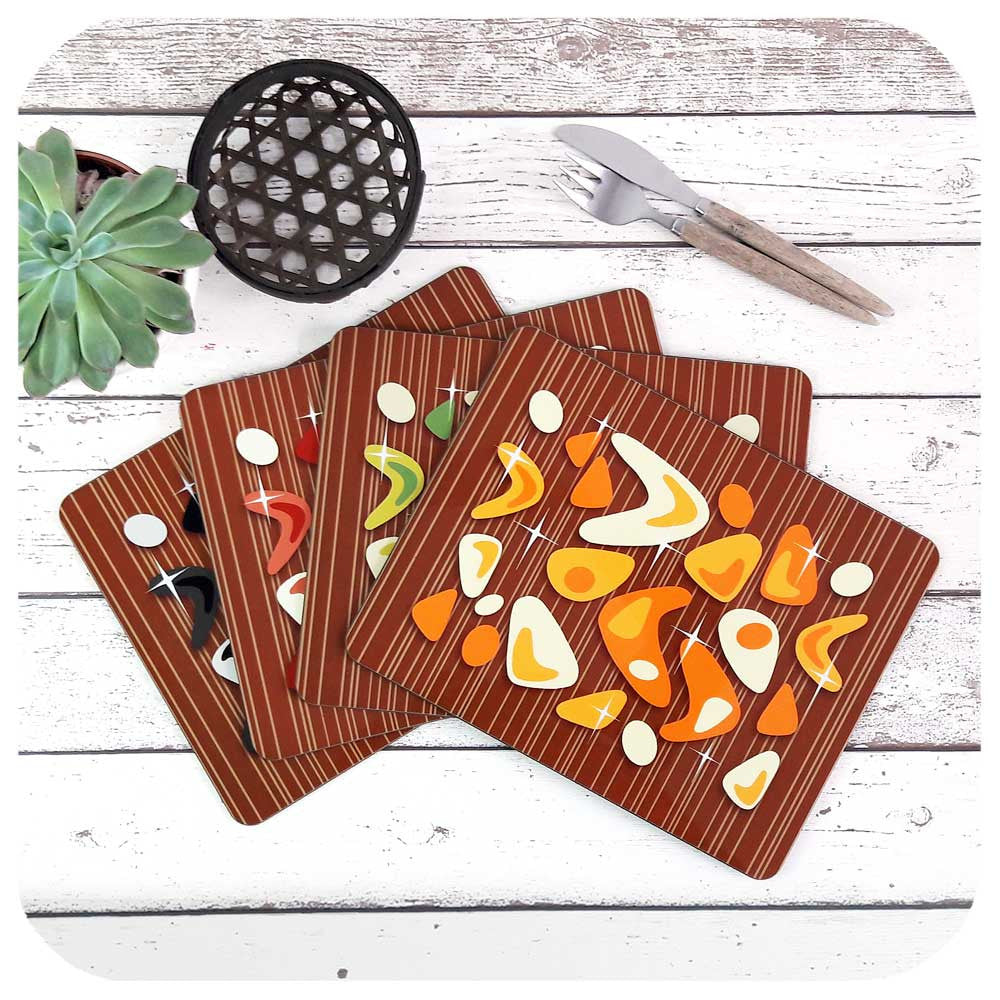 Atomic Boomerang, Mid Century Style Placemats on Teak | The Inkabilly Emporium