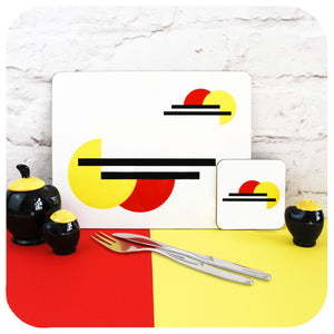 Bauhaus style placemat and coaster with vintage cruet set and cutlery | The Inkabilly Emporium