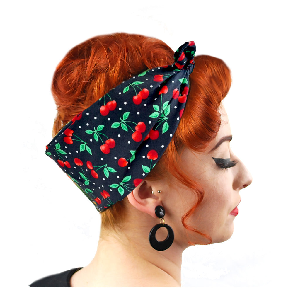 Black Cherries Bandana worn by a model in a rockabilly style | The Inkabilly Emporium