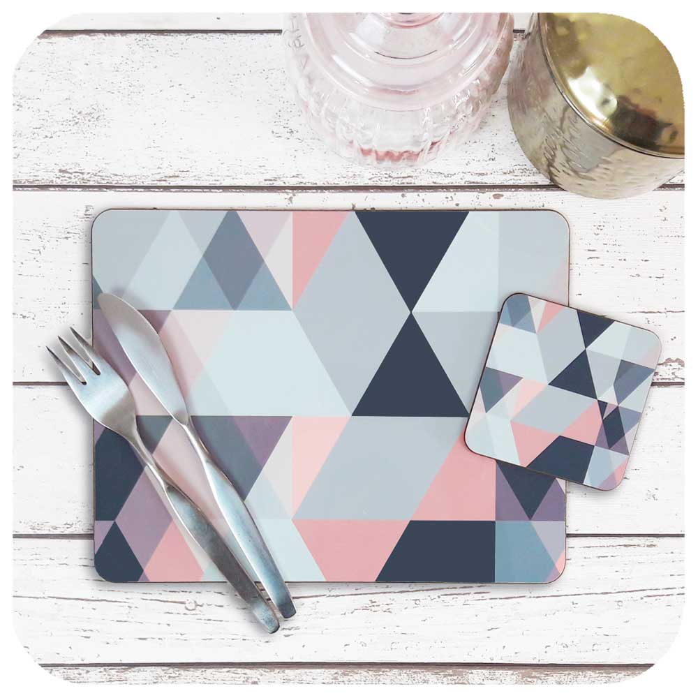 Blush Pink and Grey Tableware, matching placemat and coaster set | The Inkabilly Emporium