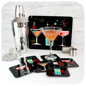 Cosmic Cocktail Placemat and Coasters on table with Martini and cocktail accessories | The Inkabilly Emporium