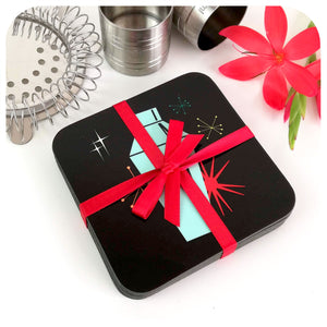 Cosmic Cocktail Coasters - Set of 4 , tied in red ribbon with cocktail accessories and flowers| The Inkabilly Emporium
