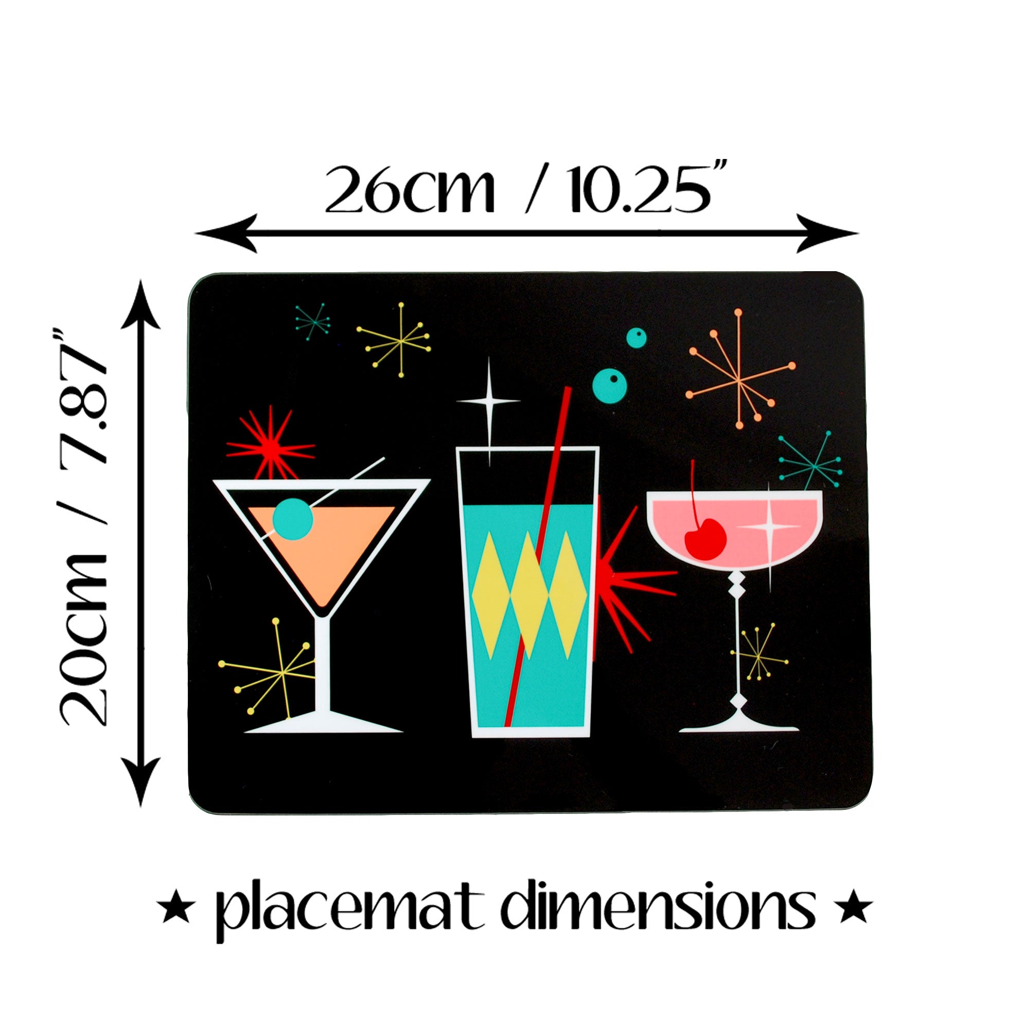 Christmas Cocktail Placemat info graphic showing placemat dimensions | The Inkabilly Emporium