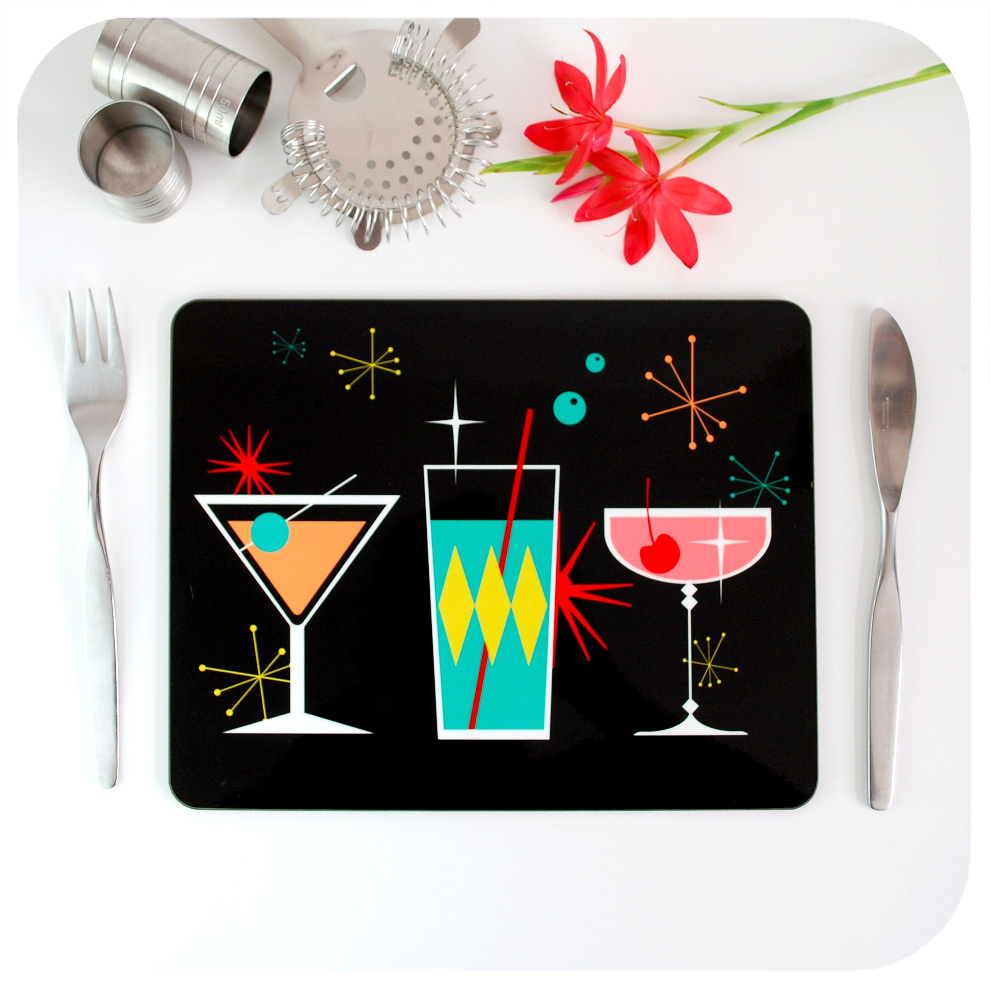 Cosmic Cocktails Placemat on table with vintage cutlery and cocktail accessories | The Inkabilly Emporium