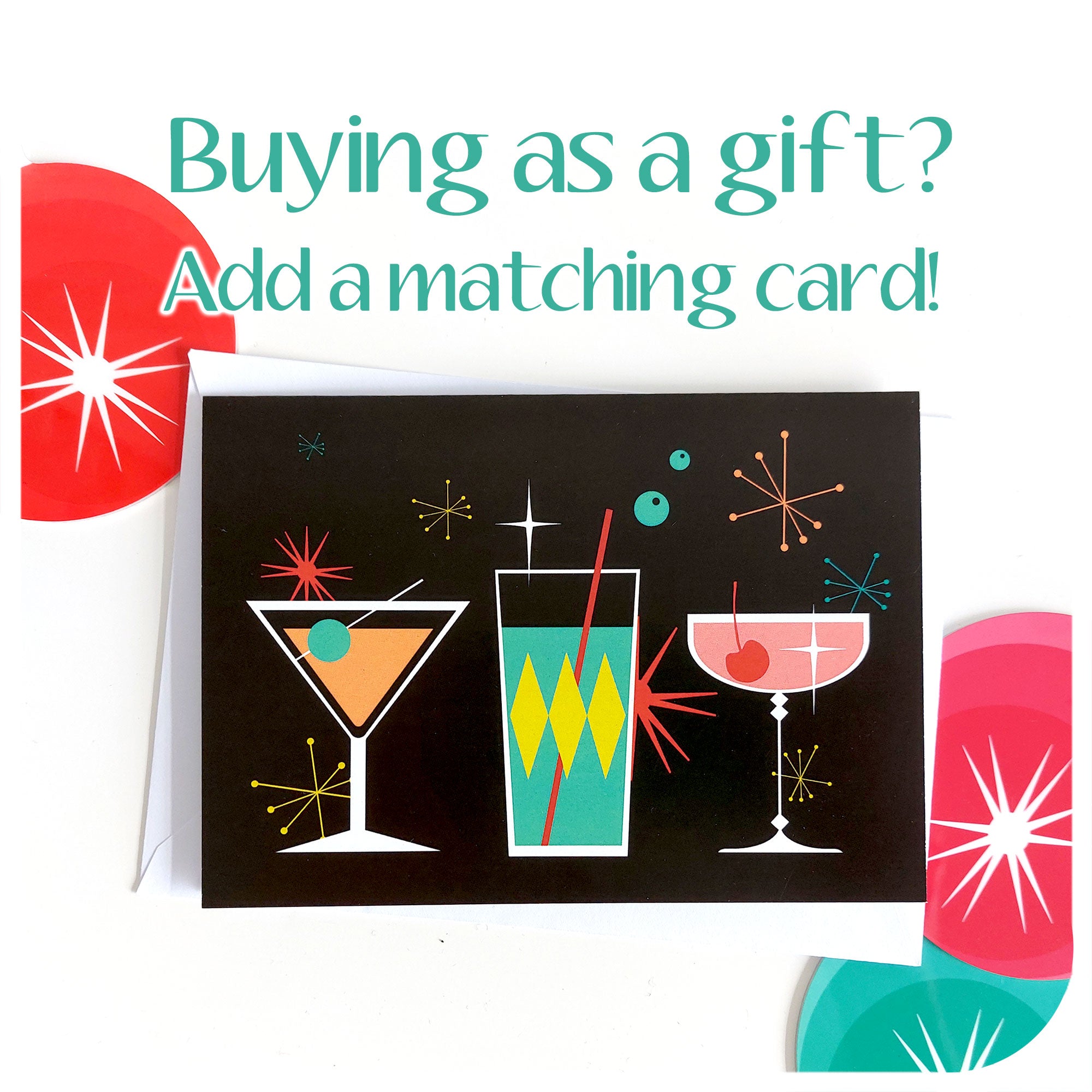 Christmas Cocktails Greetings Card  against a white background with mid century style xmas decorations. Text reads: Buying as a gift? Add a matching card! | The Inkabilly Emporium