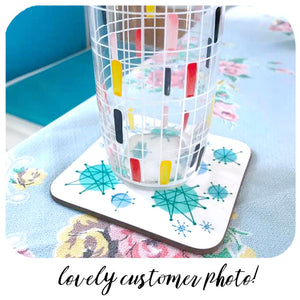 Lovely customer photo of our Atomic Starburst coaster with vintage glass | The Inkabilly Emporium