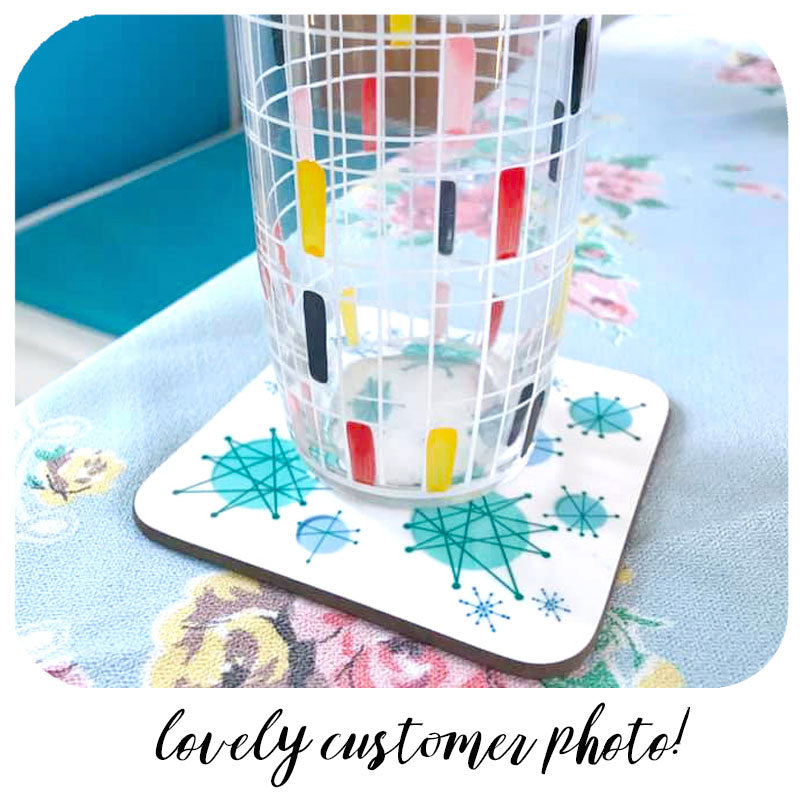 Lovely customer photo of our Atomic Starburst coaster with vintage glass | The Inkabilly Emporium