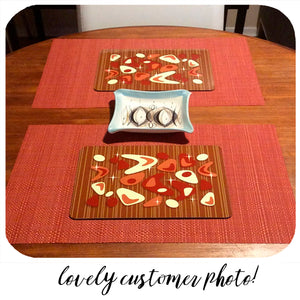fabulous customer photo of our atomic boomerang placemats in red & teak | The Inkabilly Emporium