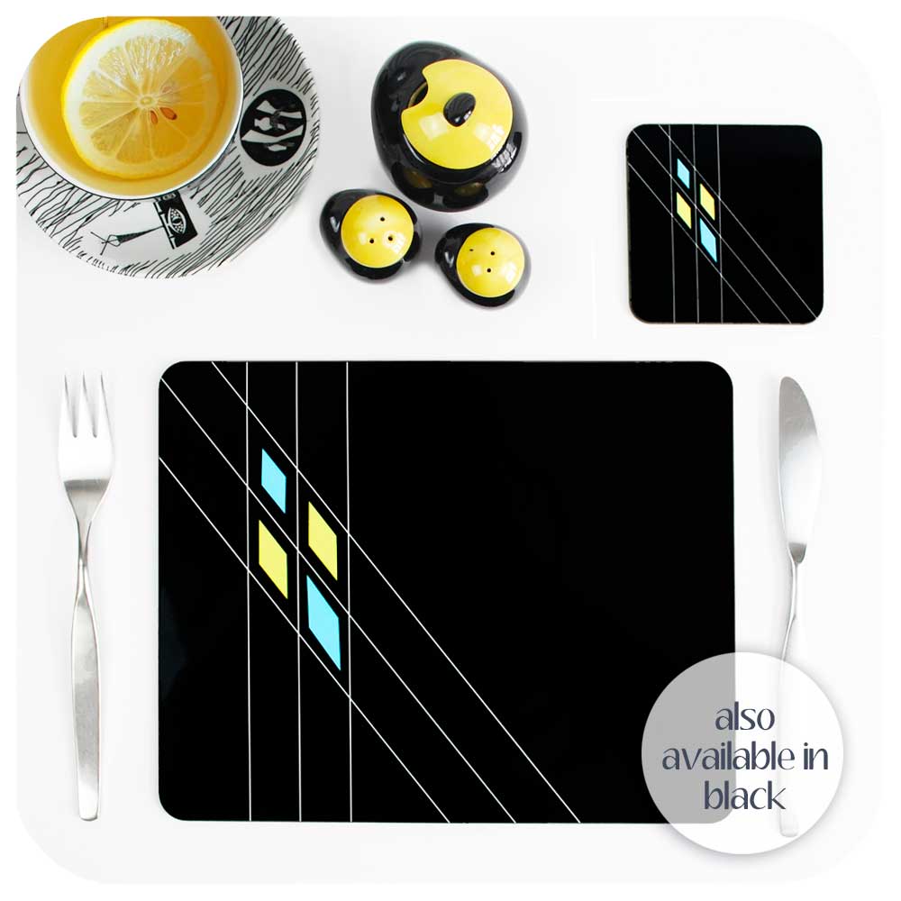 Mid Century Geometric Argyle Coasters & Placemats also available in Black | The Inkabilly Emporium