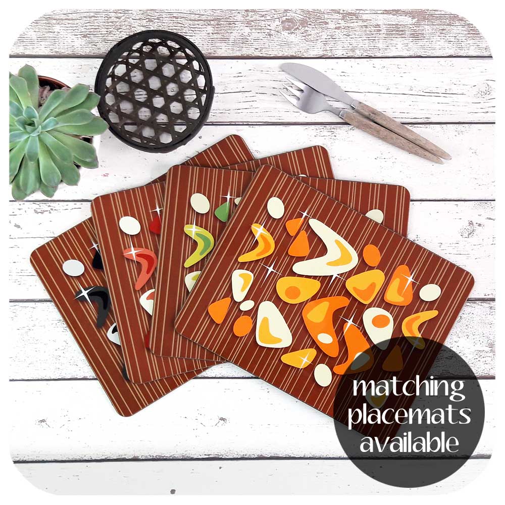 Atomic Boomerang, on teak, placemat set to match coasters  | The Inkabilly Emporium