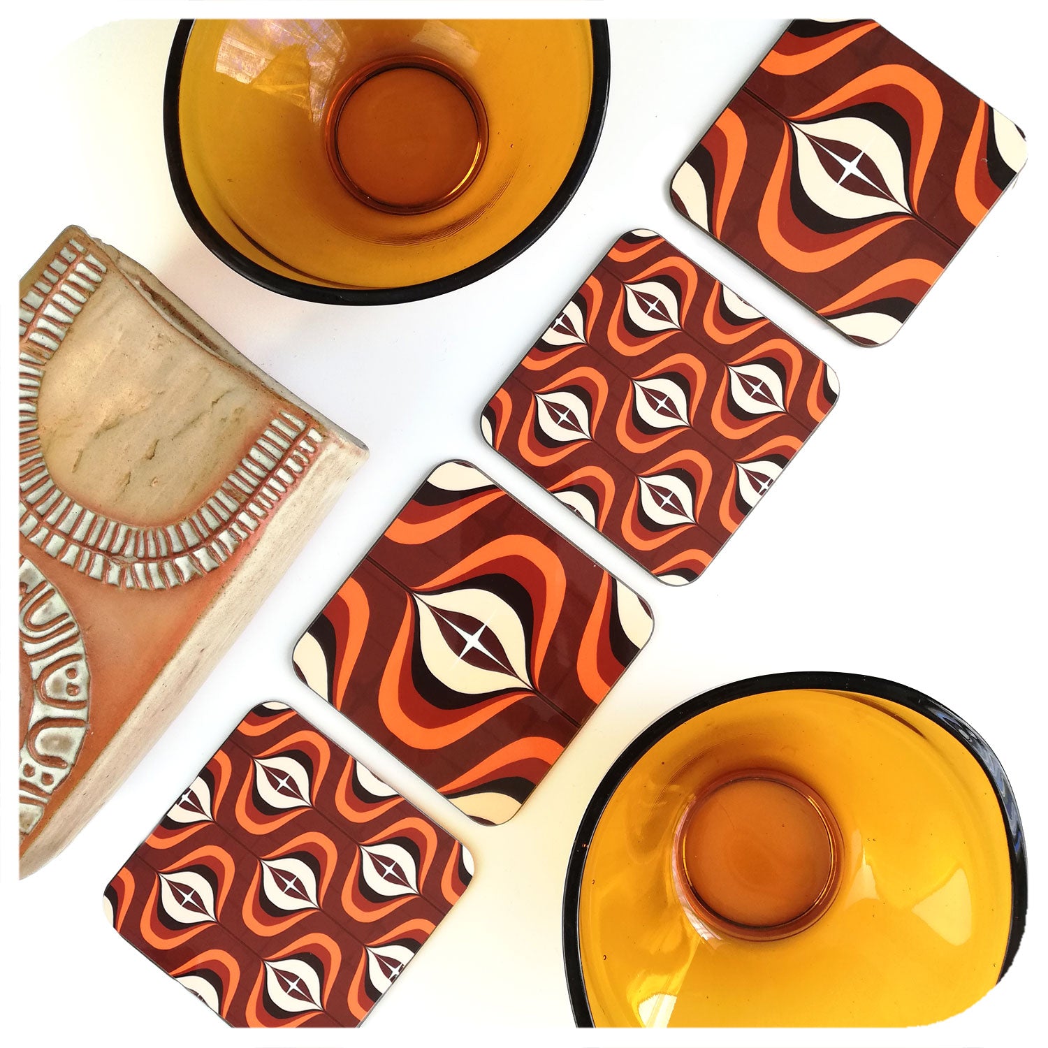 1970s Brown Op Art Coasters with vintage vase and bowls | The Inkabilly Emporium