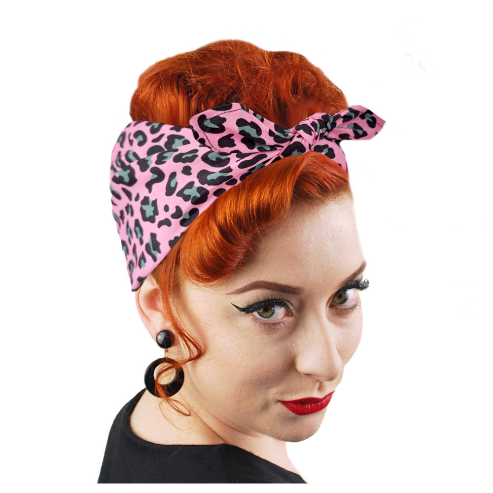 Pink Leopard Print Bandana worn in a Rockabilly Style | The Inkabilly Emporium
