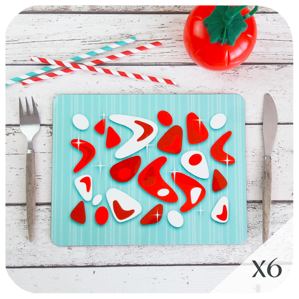 Set of 6 Atomic Boomerang Placemats in Turquoise & Red | The Inkabilly Emporium