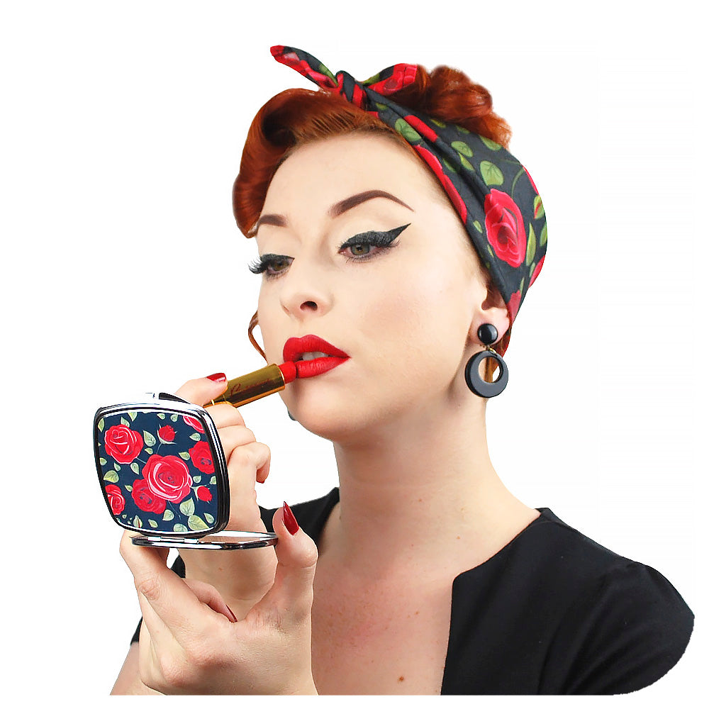 Rockabilly Rose Pin-up Gift Set. Rose Bandana and matching compact mirror, modelled by retro pin up model Miss Jessica Holly | The Inkabilly Emporium