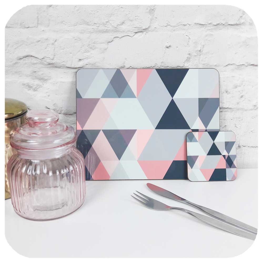 Scandi Grey and Pink Placemat and coaster with rose pink jar, gold canister and mid century cutlery | The Inkabilly Emporium