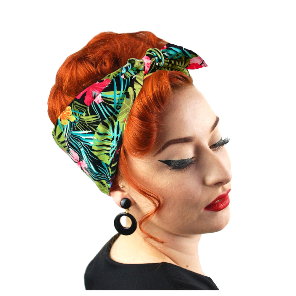 Tropical Tiki Bandana, worn in a Rockabilly Pin-up style | The Inkabilly Emporium