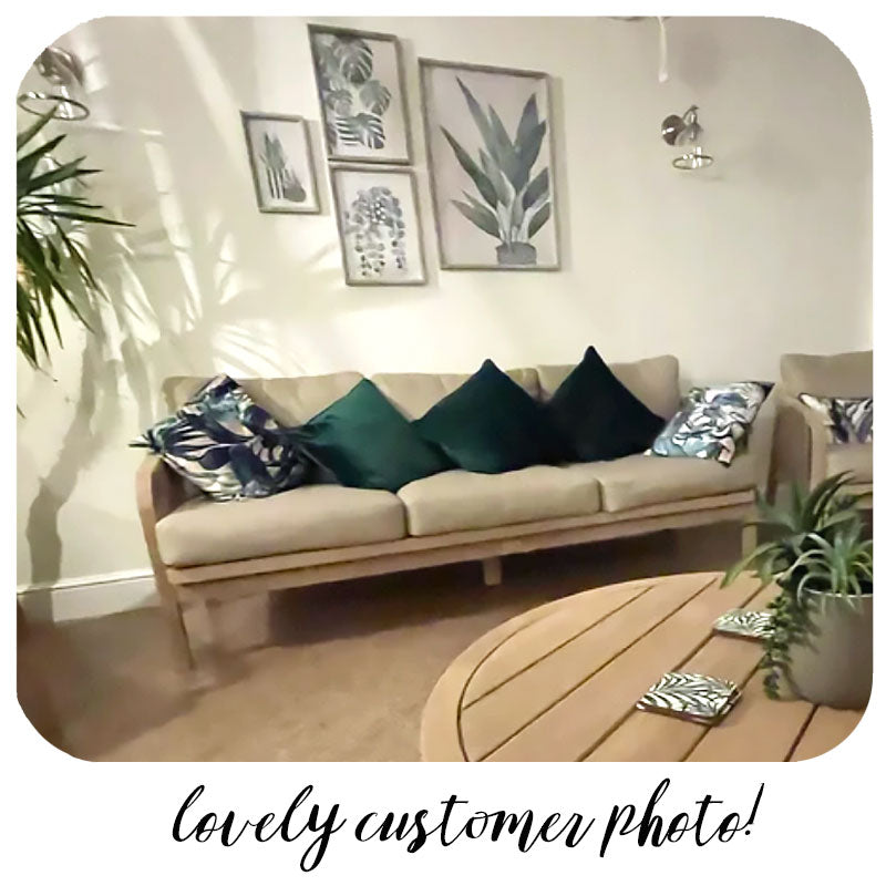 Palm Leaf coasters in a palm leaf themed living room with tropical plants and accessories | The Inkabilly Emproium