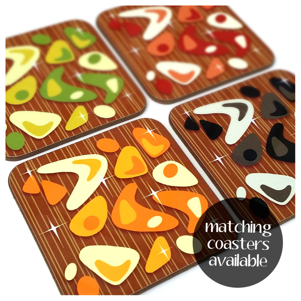 Matching Atomic Boomerang on Teak coasters | The Inkabilly Emporium