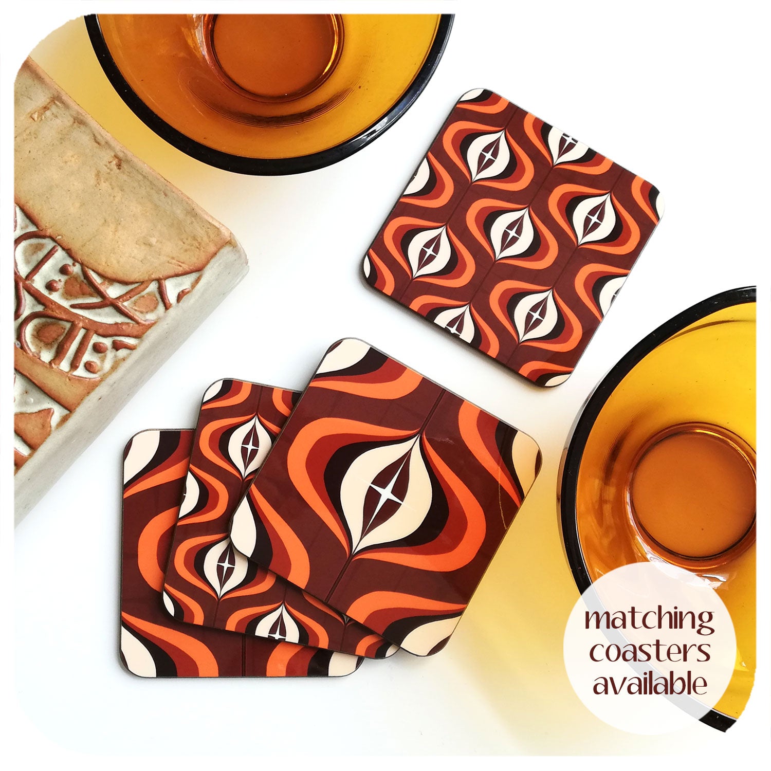 1970s Op Art Coasters in Brown and Orange with vintage vase and bowls | The Inkabilly Emporium