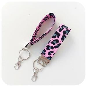 Pink and black leopard print keychain with metal clasp on a white background | The Inkabilly Emporium