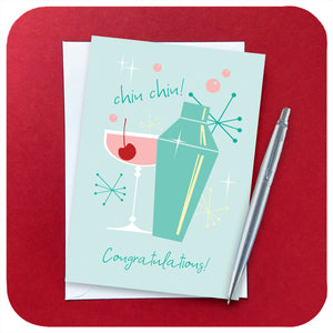 Retro 50s style Congratulations Card featuring retro cocktail and cocktail shaker with white envelope and chrome pen on a dark red background | The Inkabilly Emporium
