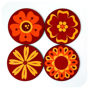 A set of four 70s style floral coasters on a white background | The Inkabilly Emporium