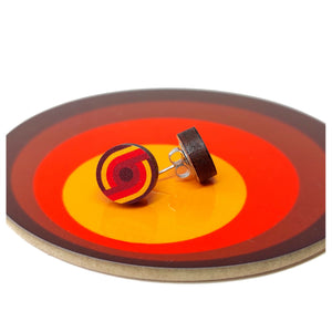 Colourful circular earrings on a matching display stand with concentric red, orange, and yellow rings | The Inkabilly Emporium