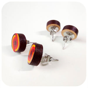 Wooden stud earrings with colourful  retro design on a white background | The Inkabilly Emporium