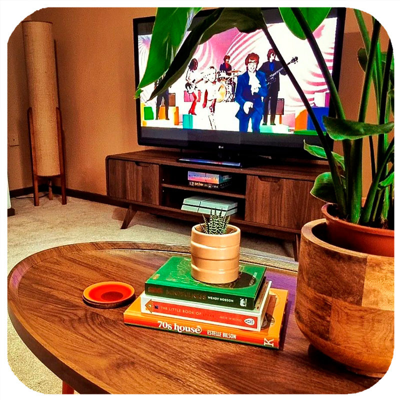 A funky 70s style living room featuring a coffee table with vintage themed books, inkabilly's 70s circle coaster and big monstera plant. In the background a large TV is showing Austin Powers 