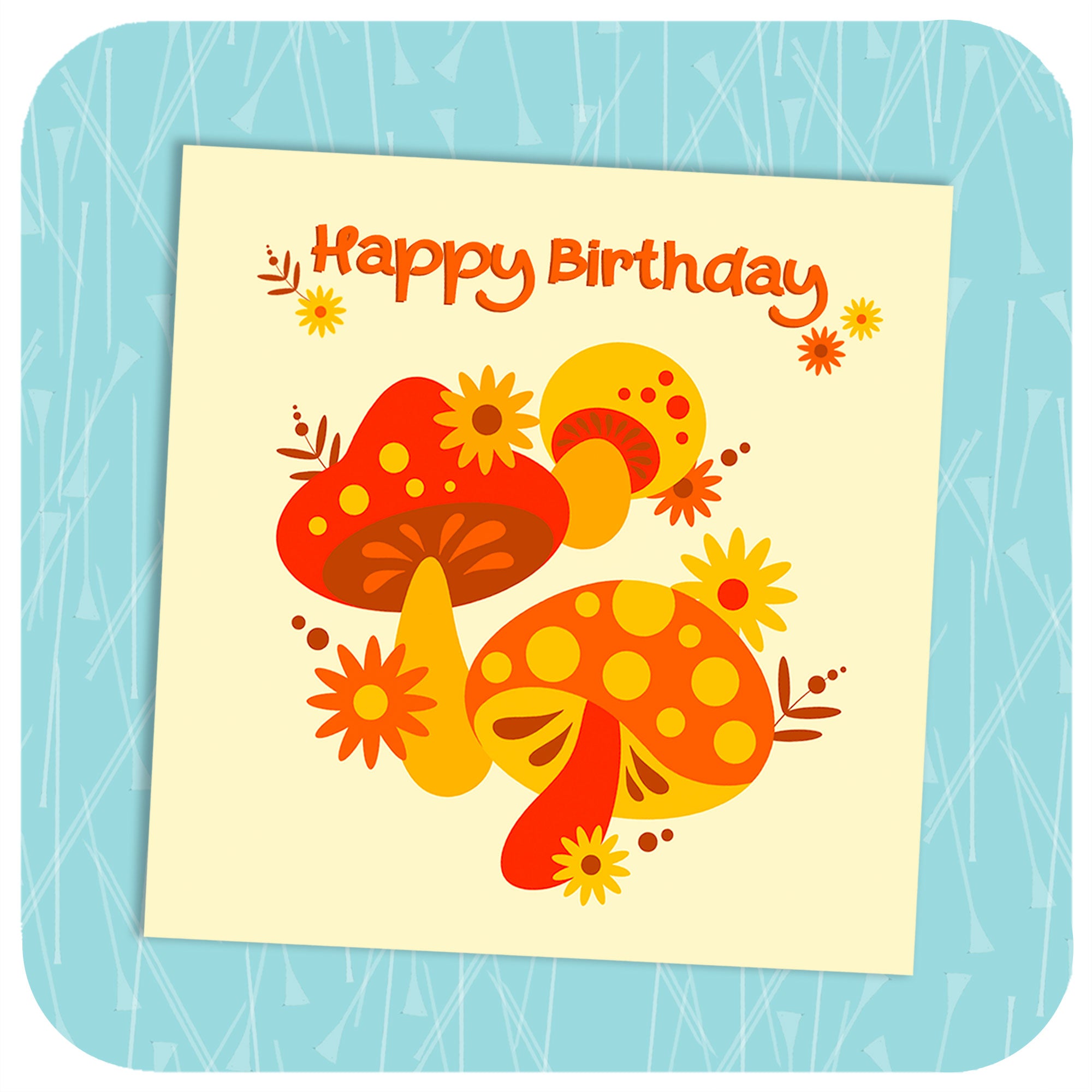 70s Mushrooms Birthday Card Artwork on a patterned blue background | The Inkabilly Emporium