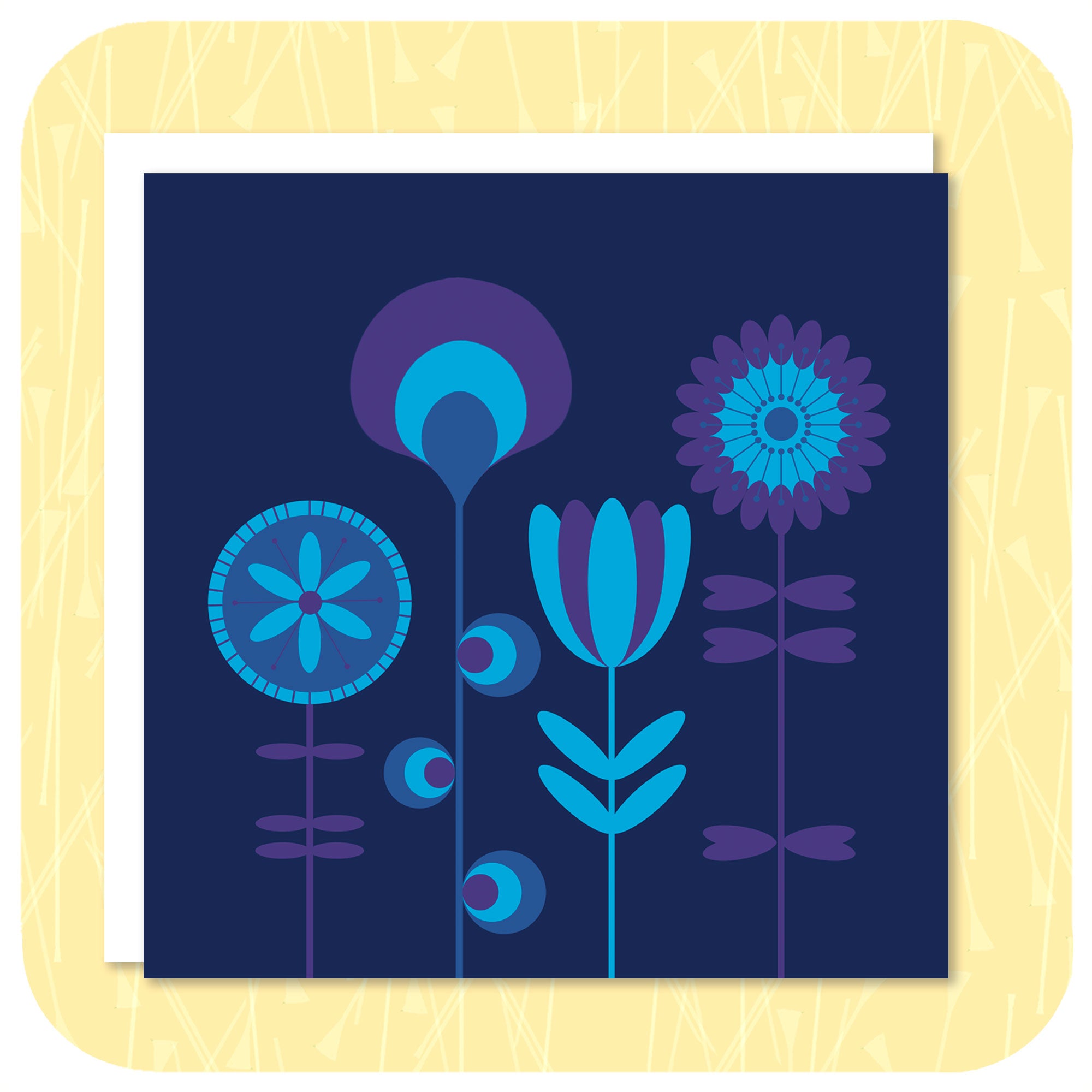 A square card featuring blue & purple scandi style flowers sits with a white envelope on a textured yellow background | The Inkabilly Emporium