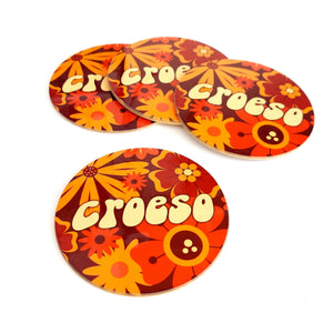 Set of 4 coasters in a 790s floral design featuring the word Croeso | The Inkabilly Emporium