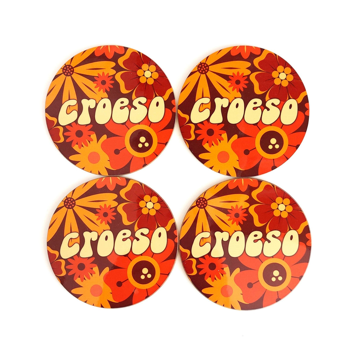 Set of 4 coasters in a 70s floral design featuring the word Croeso | The Inkabilly Emporium
