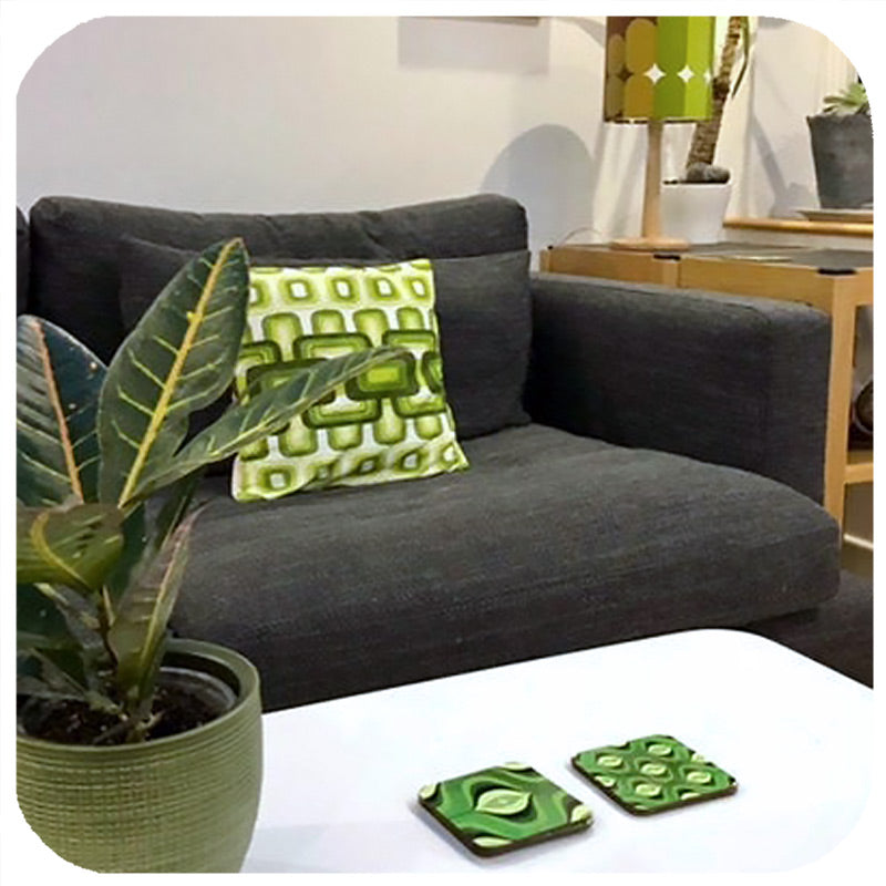 70s Op Art coasters in green in retro home with vintage cushion and lamp - customer photo | The Inkabilly Emporium